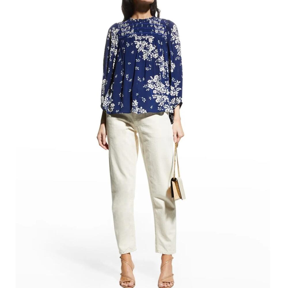 Shoshanna Taina Floral Print Smocked Top High Neck Blouse Blue White Women's XS